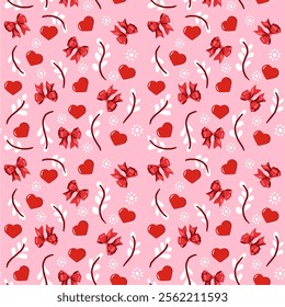 Seamless Heart And Ribbon Pattern on a Pink Romantic Background Repeated Pattern