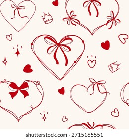 Patrón romántico de corazón sin fisuras con corazones dibujados a mano, cintas, lazos, coronas y destellos para tarjetas de San Valentín, papel de regalo, diseño de tela, invitaciones o marca romántica. Ilustración vectorial