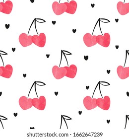 Seamless heart shaped cherry pattern, Valentine day illustration.	