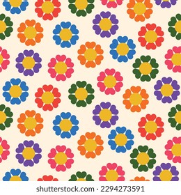 patrón de flores sin costura en forma de corazón, diseño de los años 50, patrón colorido, multicolor