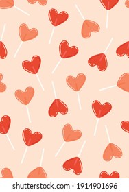 Seamless Heart Shaped Lollipop Candy Pattern on Peach Background. Simple Hand Drawn Vector Illustration. Ideal for Textile, Fabric Prints, Wrapping Paper, Valentines Gift Card, Poster Or Invitation.