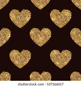 Seamless heart shapes made of gold sparkling tinsel on black background. Vector illustration. Valentines Day card background or present wrapping paper template.