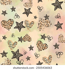 Seamless heart and star pattern with abstract hand drawn leopard skin and text background elements in brown and black colors