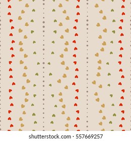 Seamless heart striped pattern. Texture of love symbols. Lines, streaks, rows and signs. Holiday, birthday, Valentine day, sale theme. Red, blue, orange figures on light background. Vector
