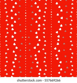 Seamless heart striped pattern. Texture of love symbols. Lines, streaks, rows and signs. Holiday, birthday, Valentine day, sale theme. Light gray, orange figures on red bright background. Vector