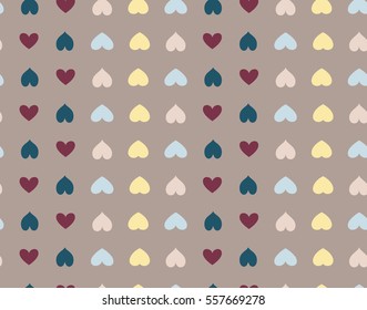 Seamless heart striped pattern. Texture of love symbols. Lines, streaks, rows and signs. Holiday, birthday, Valentine day, sale theme. Gray, blue, dark figures on rosy brown background. Vector