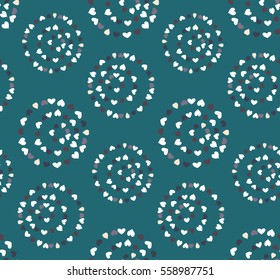 Seamless heart striped pattern. Texture of love symbols. Lines, streaks, rows and signs. Holiday, birthday, Valentine day, sale theme. White, gray, blue figures on dark turquoise background. Vector