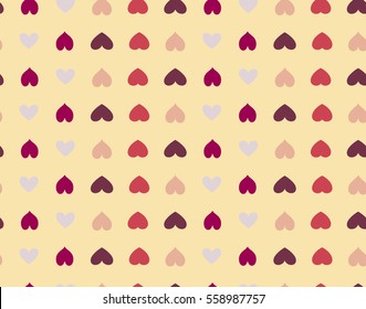 Seamless heart striped pattern. Texture of love symbols. Lines, streaks, rows and signs. Holiday, birthday, Valentine day, sale theme. Red, vinous, gray figures on yellow background. Vector