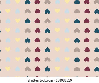 Seamless heart striped pattern. Texture of love symbols. Lines, streaks, rows and signs. Holiday, birthday, Valentine day, sale. Turquoise, vinous, cream figures on light rosybrown background. Vector