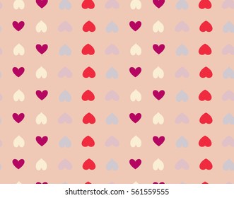 Seamless heart striped pattern. Texture of love symbols. Lines, streaks, rows and signs. Holiday, birthday, Valentine day, sale theme. Red, gray, cream, vinous figures on rosy background. Vector