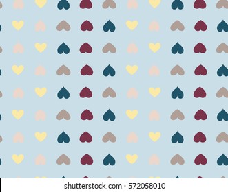Seamless heart striped pattern. Texture of love symbols. Lines, streaks, rows and signs. Holiday, birthday, Valentine day, sale theme. Gray, vinous, cream figures on light blue background. Vector