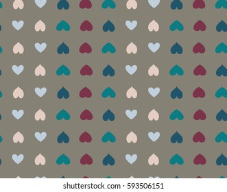 Seamless heart striped pattern. Texture of love symbols. Lines, rows and signs. Holiday, birthday, Valentine day, theme. Cream, vinous, turquoise, figures on gray background. Vector