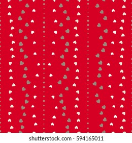 Seamless heart striped pattern. Texture of love symbols. Lines, streaks, rows and signs. Holiday, birthday, Valentine day, sale theme. White, gray silhouettes on red bright background. Vector