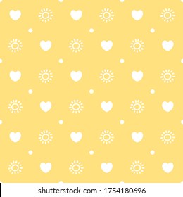 Seamless heart and sunshine pattern and background. Sunny yellow vector pattern for giftware, fashion.