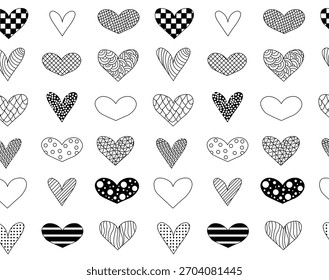 Seamless heart Valentine's Day seamless pattern. Vector graphic line black and white illustration. design for fashion graphics, textile prints, fabrics, wallpapers.
