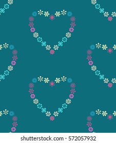 Seamless heart wreath pattern. Cordate signs of flower garland. Love symbols texture. Holiday, birthday, Valentine day, sale theme. Magenta, white, blue figures on dark turquoise background. Vector