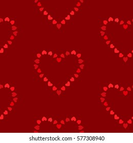 Seamless heart wreath pattern. Cordate sign garland. Texture of love symbols. Holiday, birthday, Valentine day, sale theme. Red colored background. Vector
