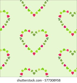 Seamless heart wreath pattern. Cordate sign garland. Texture of love symbols. Holiday, birthday, Valentine day, sale theme. Magenta, lime silhouette on soft green background. Vector
