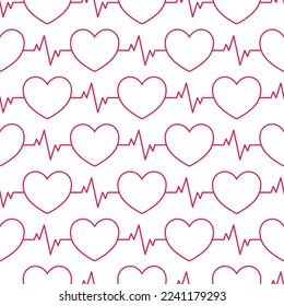 Seamless HEARTBEAT line pattern. Geometric red and white tileable background. Medical ekg tes, cardio workout, heart monitor concept. Vector illustration