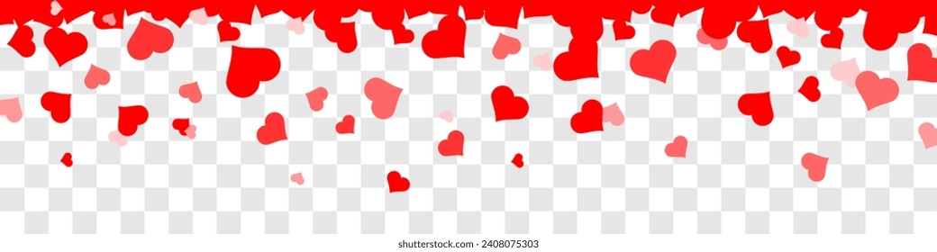 Seamless hearts border isolated on transparent background. Flying red hearts confetti. Valentine's Day background with a red falling hearts. Love concept. Hearts frame.