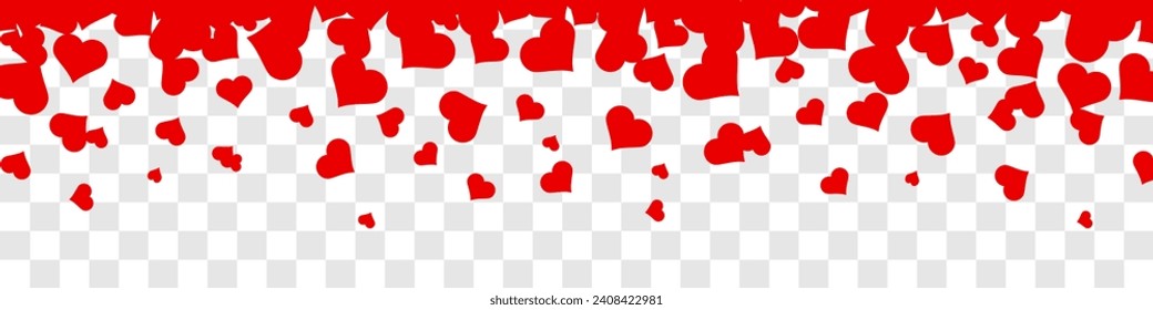 Seamless hearts border isolated on transparent background. Flying red hearts confetti. Valentine's Day background with a red falling hearts. Love concept. Hearts frame.