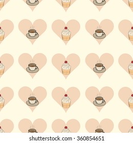 Seamless hearts with cake and coffee