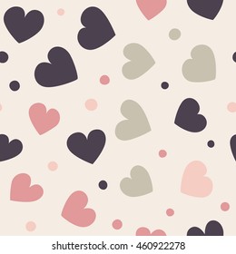 Seamless hearts and dots pattern with beige background. Vector repeating texture.