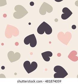 Seamless hearts and dots pattern with beige background. Vector repeating texture.