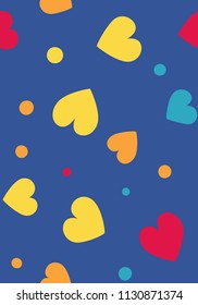 Seamless hearts and dots pattern with blue background. Vector repeating texture.