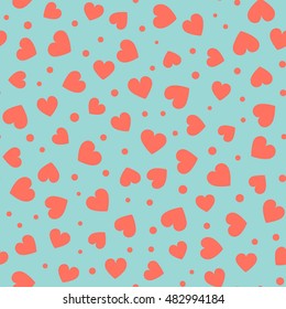 Seamless hearts and dots pattern with blue background. Vector repeating texture.