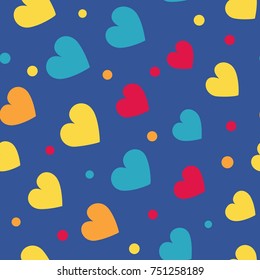 Seamless hearts and dots pattern with blue background. Simple vector repeating texture. Perfect for printing on fabric or paper.