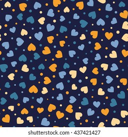 Seamless hearts and dots pattern with dark background. Vector repeating texture.