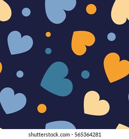 Seamless hearts and dots pattern with dark background. Vector repeating texture.
