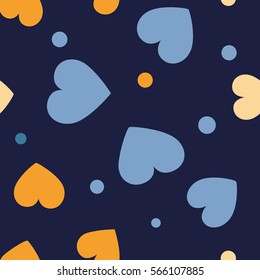 Seamless hearts and dots pattern with dark background. Vector repeating texture.