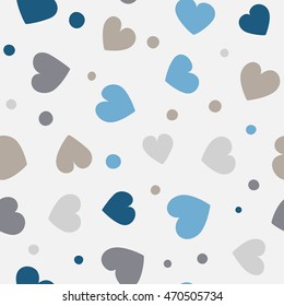 Seamless hearts and dots pattern with gray background. Vector repeating texture.