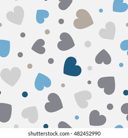 Seamless hearts and dots pattern with gray background. Vector repeating texture. Perfect for printing on fabric or paper.