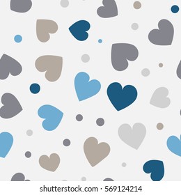 Seamless hearts and dots pattern with gray background. Vector repeating texture.