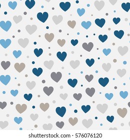 Seamless hearts and dots pattern with gray background. Vector repeating texture. Perfect for printing on fabric or paper.