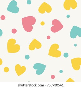 Seamless hearts and dots pattern with light background. Vector repeating texture. Perfect for printing on fabric or paper.