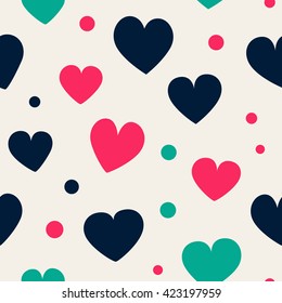 Seamless hearts and dots pattern. Simple vector repeating texture.