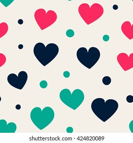 Seamless hearts and dots pattern. Simple vector repeating texture.