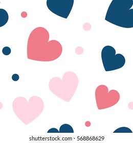 Seamless hearts and dots pattern. Simple vector repeating texture. Perfect for printing on fabric or paper.