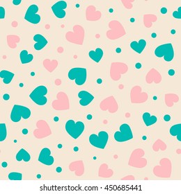Seamless hearts and dots pattern. Vector repeating texture.