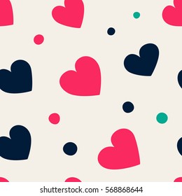 Seamless hearts and dots pattern. Vector repeating texture. Perfect for printing on fabric or paper.