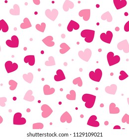 Seamless hearts and dots pattern with white background. Vector repeating texture. Perfect for printing on fabric or paper.