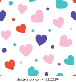 Seamless hearts and dots pattern with white background. Vector repeating texture.