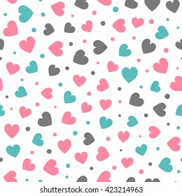 Seamless hearts and dots pattern with white background. Vector repeating texture.