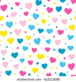 Seamless hearts and dots pattern with white background. Vector repeating texture.