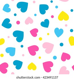 Seamless hearts and dots pattern with white background. Vector repeating texture.