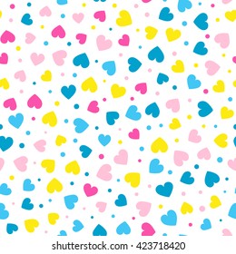Seamless hearts and dots pattern with white background. Vector repeating texture.